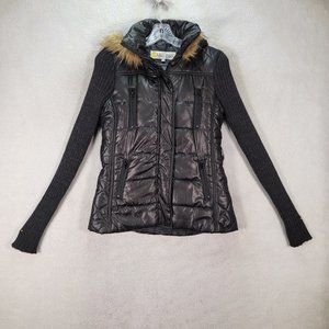 Miss Posh Black Puffer Hoody Faux Fur Stretch Sleeves Fashion Zip Up Jacket Coat